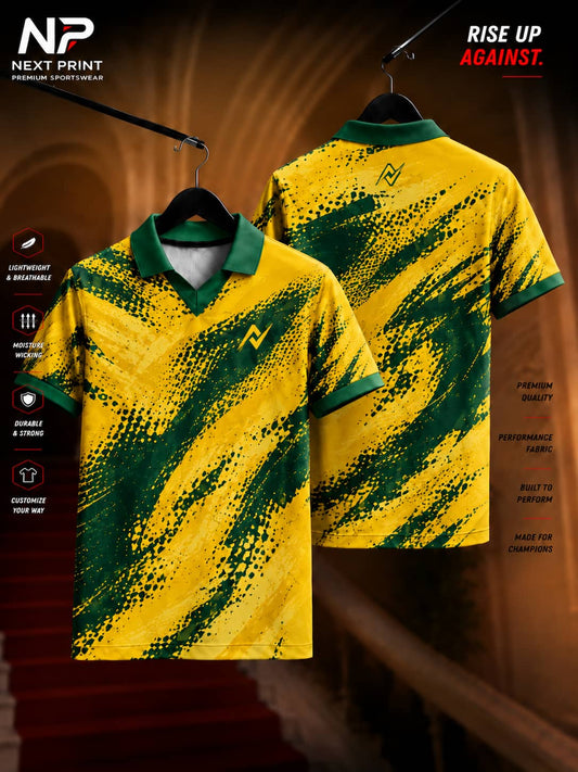 Front and back view of the Next Print Elite Splash Strike Polo Sports Jersey featuring a yellow and green abstract paint splash design with a polo V-neck collar.