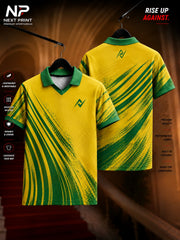 Front and back view of the Next Print Elite Velocity Curve Polo Sports Jersey featuring dynamic green curved stripe graphics on a yellow base with a polo V-neck collar.