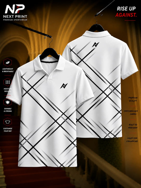 Next Print Elite White Gridline Polo Sports Jersey with black intersecting line pattern, front and back view, premium dry-fit performance sportswear.