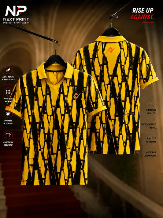 Yellow polo sports jersey with bold black geometric matrix pattern, front and back view, premium dry-fit customizable sportswear.