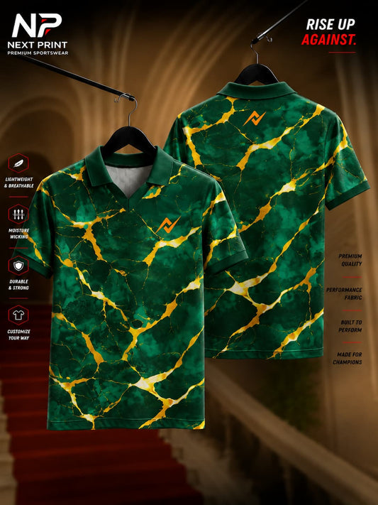 Front and back view of Next Print Emerald Gold Marble polo collar sports jersey featuring premium green marble texture with gold vein accents.
