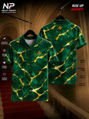 Front and back view of Next Print Emerald Gold Marble polo collar sports jersey featuring premium green marble texture with gold vein accents.