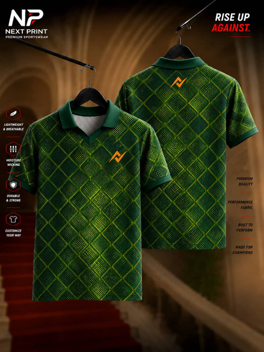 Front and back view of Next Print Emerald Scale polo collar sports jersey featuring a green textured geometric pattern with premium dry-fit fabric.