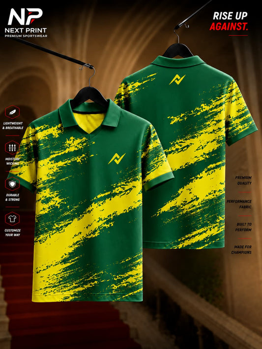 Green and gold abstract brush-stroke polo V-neck performance sports jersey shown in front and back view.