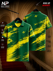 Green and gold abstract brush-stroke polo V-neck performance sports jersey shown in front and back view.