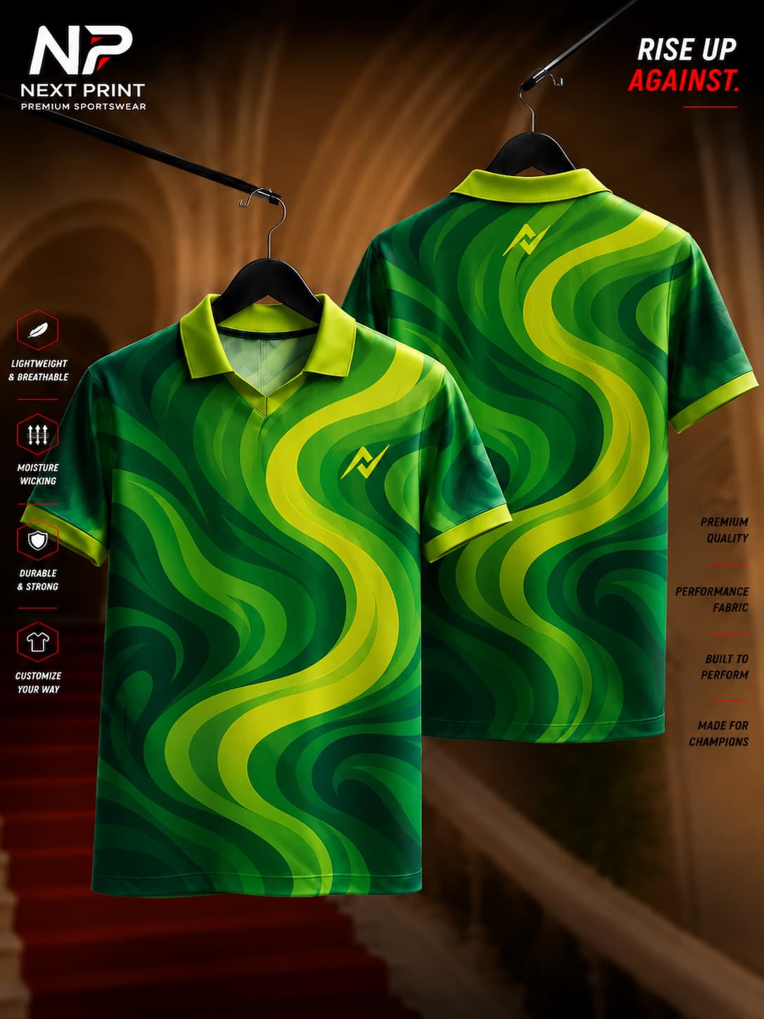 Next Print Emerald Wave green performance polo jersey featuring flowing abstract graphics on premium dry-fit sports fabric.