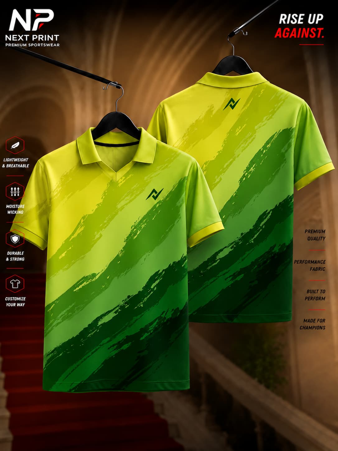 Front and back view of a green gradient brushstroke polo collar sports jersey with premium sublimation print and performance fabric.