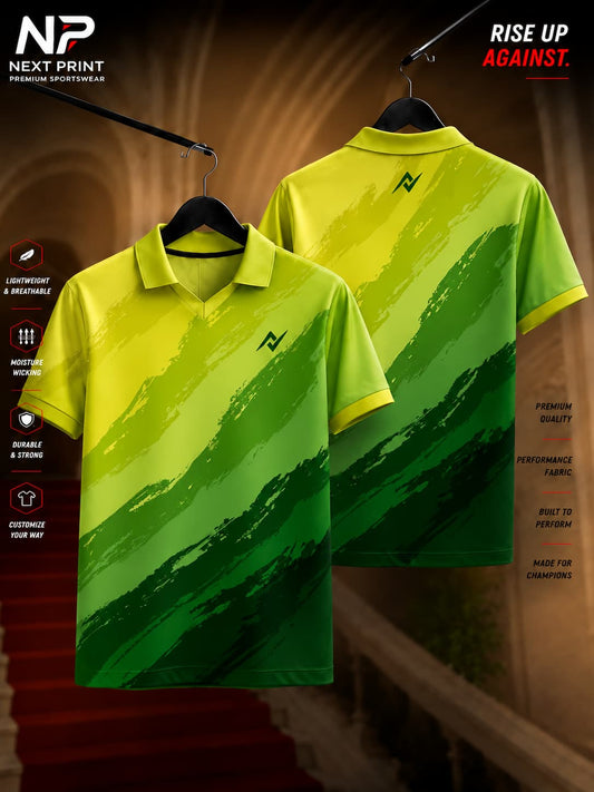 Front and back view of a green gradient brushstroke polo collar sports jersey with premium sublimation print and performance fabric.