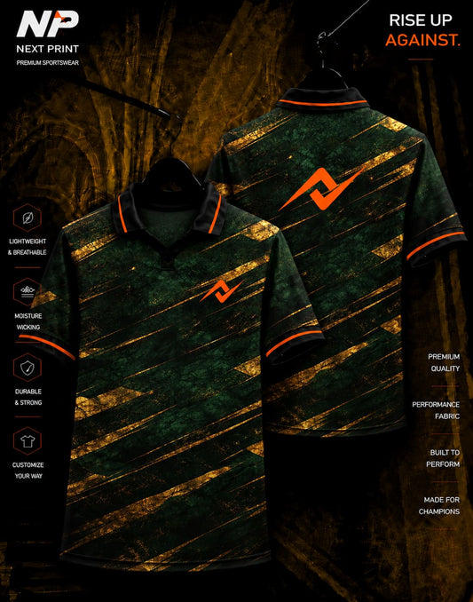 Next Print forest green and gold premium sublimation performance polo jersey featuring front and back views with custom sportswear design.
