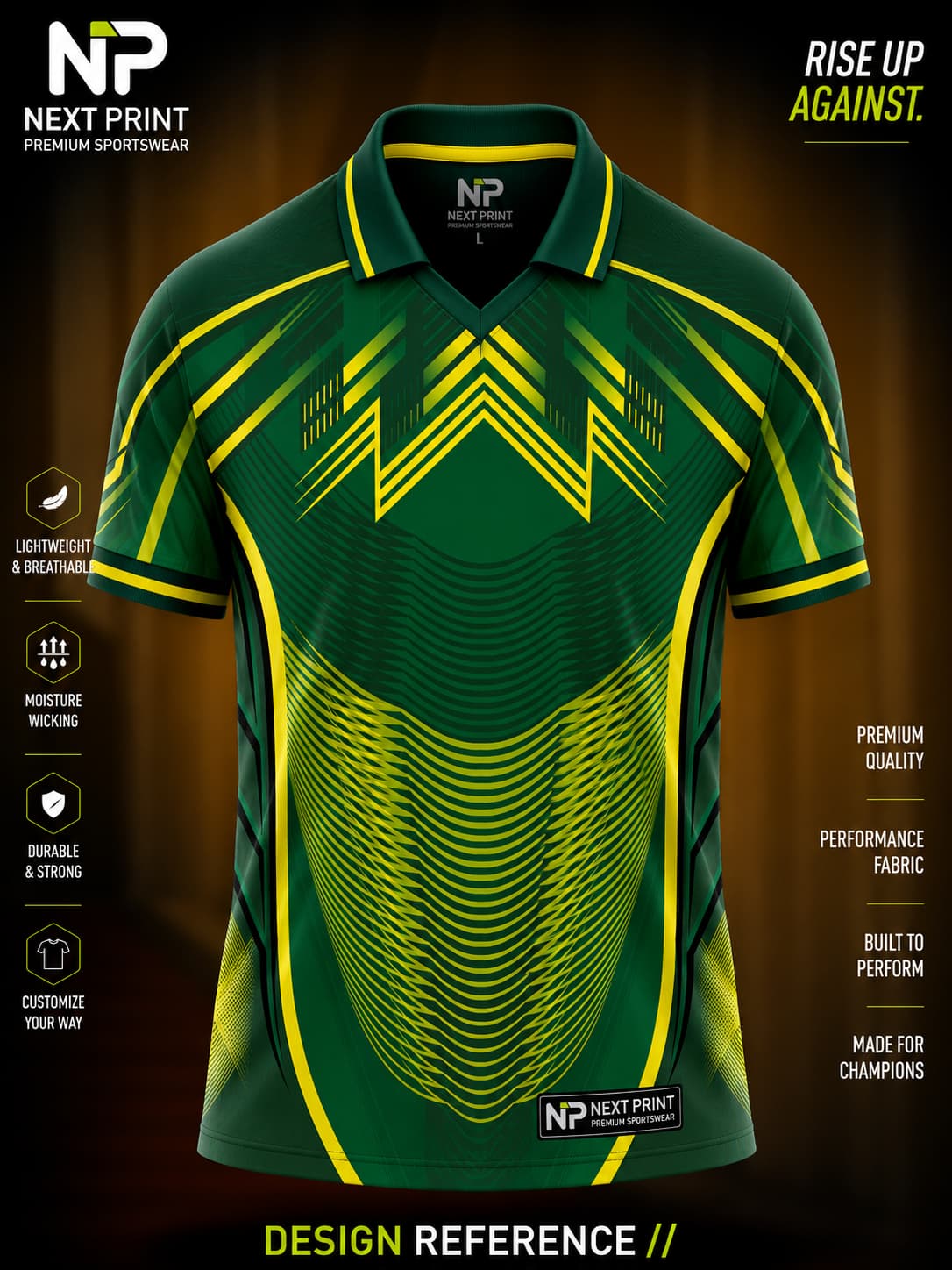 Front view of Next Print forest green and yellow performance polo cricket jersey featuring bold geometric graphics and premium sublimated sportswear.