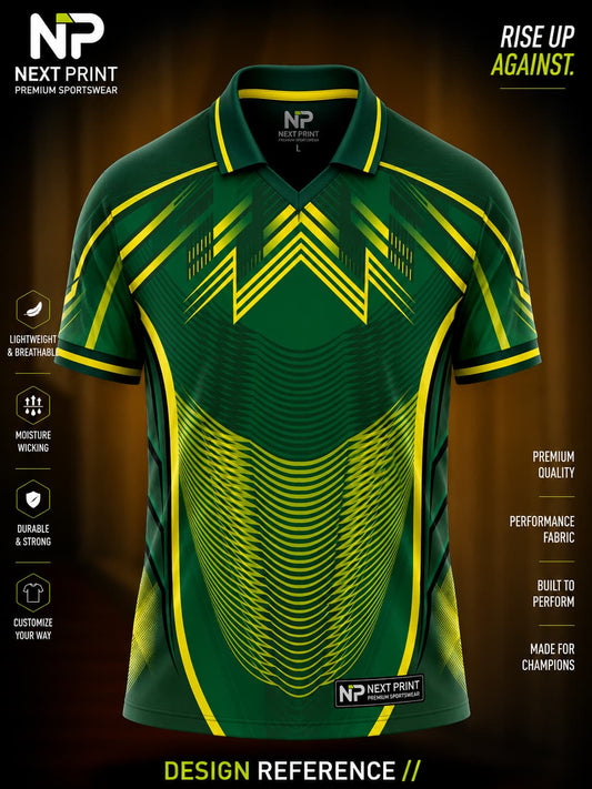 Front view of Next Print forest green and yellow performance polo cricket jersey featuring bold geometric graphics and premium sublimated sportswear.