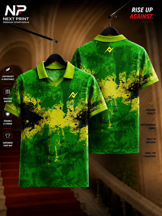 Green and lime abstract paint splash polo V-neck performance jersey with front and back views made from breathable dry-fit fabric.