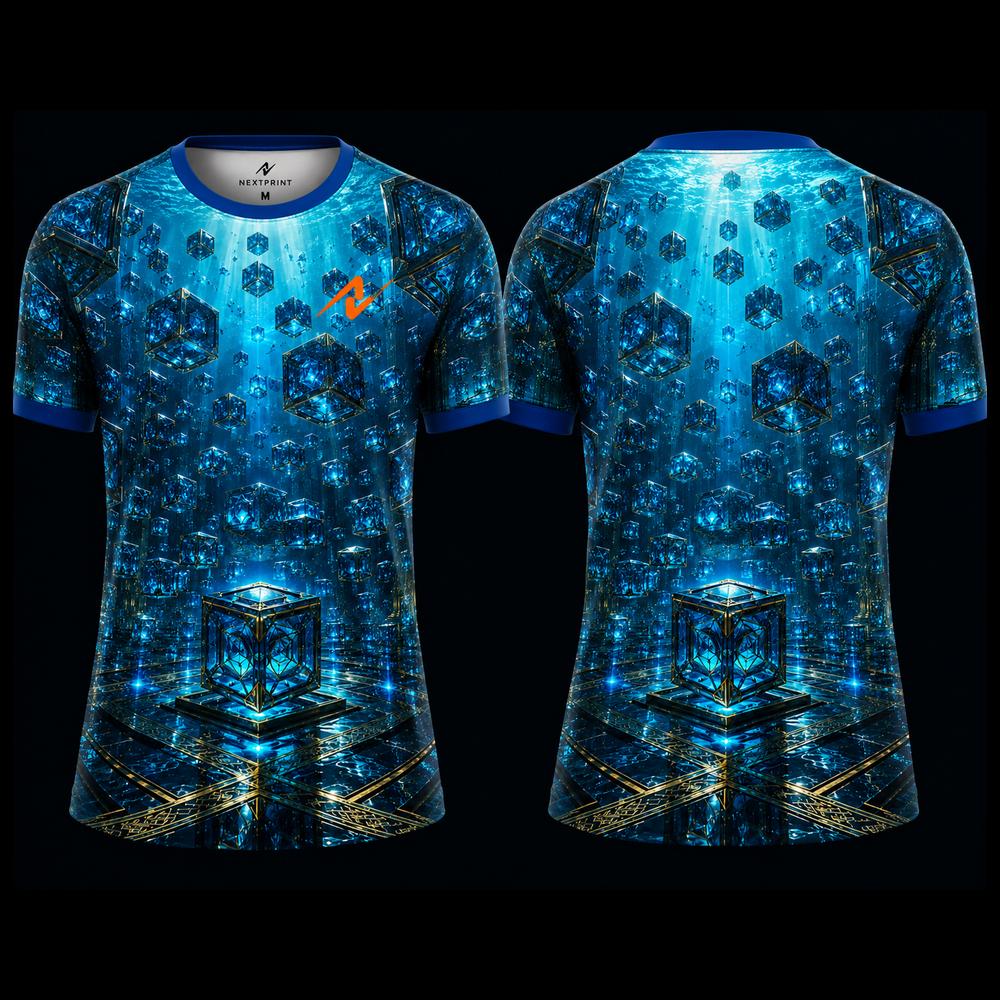 Next Print futuristic blue cube 3D sublimation round neck sports jersey featuring glowing geometric cubes with front and back views on black background.