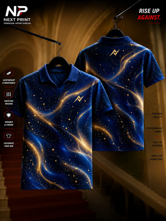 Next Print Galaxy Gold polo collar V-neck cricket jersey featuring navy blue fabric with flowing gold abstract waves and galaxy-inspired accents, shown in front and back views.