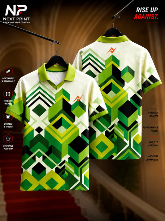 Front and back view of Next Print Geo Cube polo sports jersey featuring a modern green geometric cube pattern with premium dry-fit performance fabric.