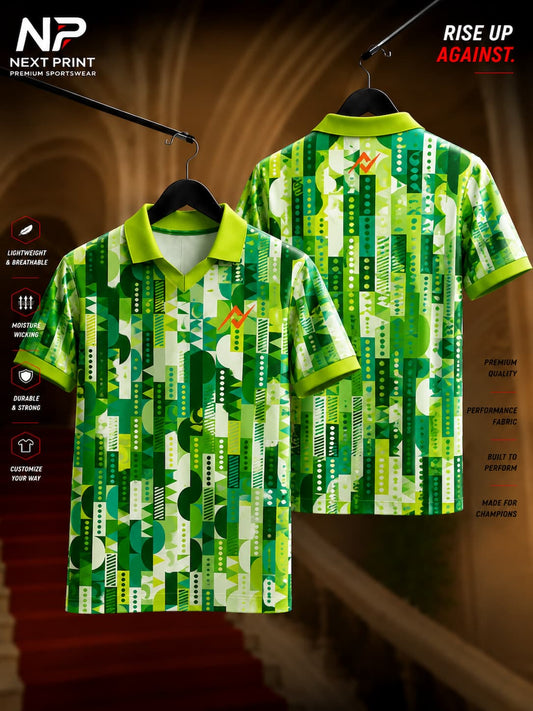 Front and back view of Next Print Geo Mosaic polo sports jersey featuring a modern green geometric abstract pattern with premium dry-fit fabric.