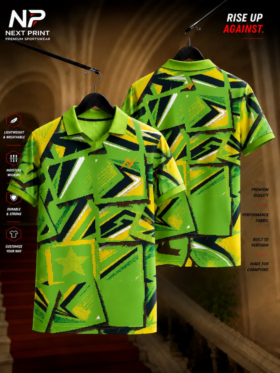 Front and back view of Next Print lime green geometric abstract polo sports jersey with premium dry-fit performance fabric.