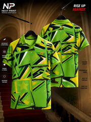 Front and back view of Next Print lime green geometric abstract polo sports jersey with premium dry-fit performance fabric.