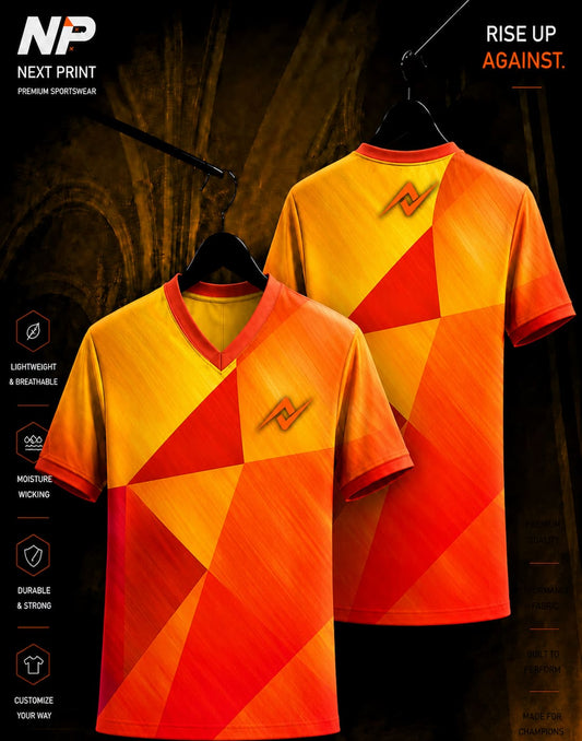Orange and gold geometric custom esports jersey with V-neck design shown in front and back view by Next Print.