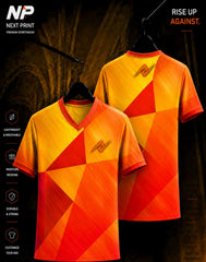 Orange and gold geometric custom esports jersey with V-neck design shown in front and back view by Next Print.