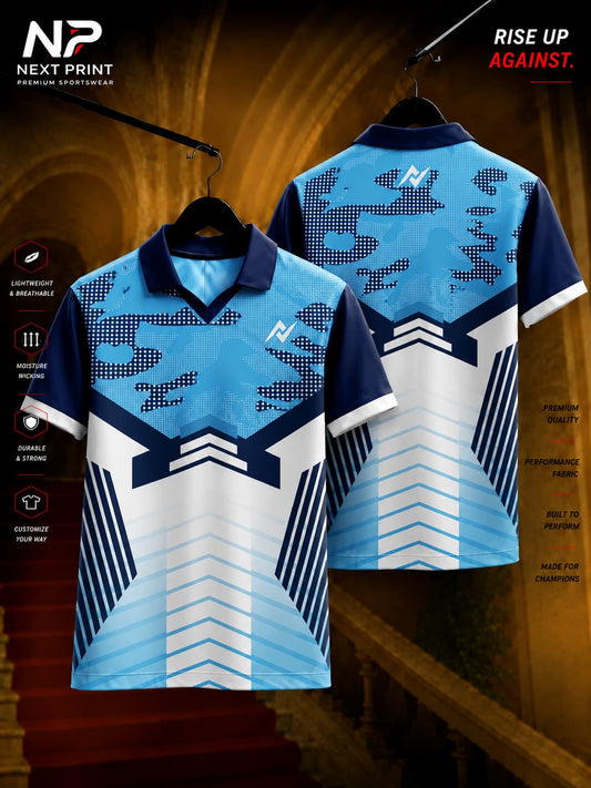 Glacier blue camouflage polo cricket jersey with geometric chevron graphics and premium sublimation print, front and back view by Next Print.