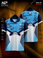 Glacier blue camouflage polo cricket jersey with geometric chevron graphics and premium sublimation print, front and back view by Next Print.