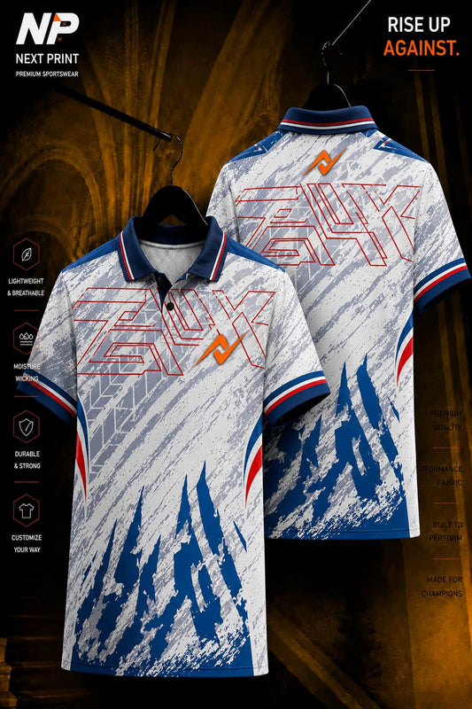 White and navy blue polo cricket jersey with abstract paint-splash graphics and geometric detailing shown in front and back views.