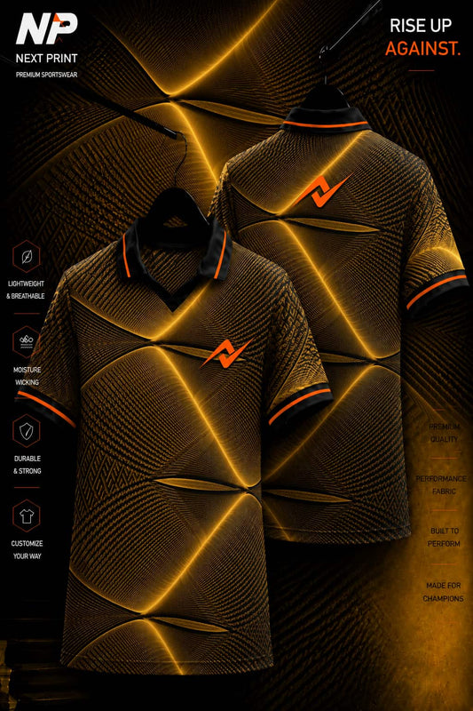 Black and gold premium sublimation polo sports jersey with abstract wave pattern featuring front and back views by Next Print.