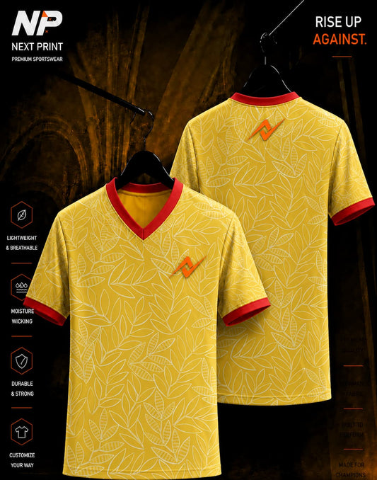 Next Print Golden Botanical V-Neck custom esports jersey with botanical leaf pattern front and back mockup