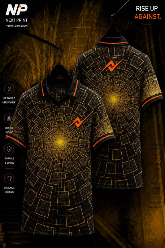 Next Print Golden Vortex Performance Polo Jersey front and back premium black custom sublimation sports jersey with orange logo.