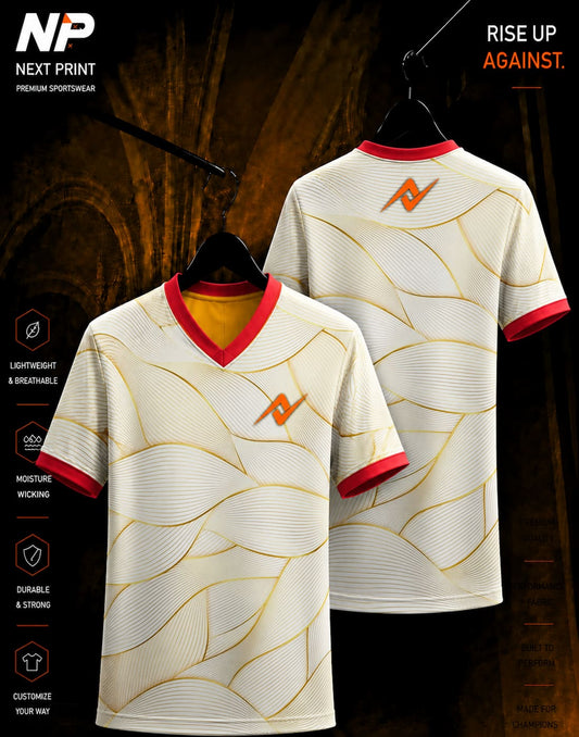 Front and back mockup of the Next Print Golden Wave V-Neck Performance Sports Jersey featuring an elegant white and gold flowing wave sublimation design with the Next Print logo.