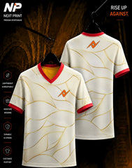Front and back mockup of the Next Print Golden Wave V-Neck Performance Sports Jersey featuring an elegant white and gold flowing wave sublimation design with the Next Print logo.