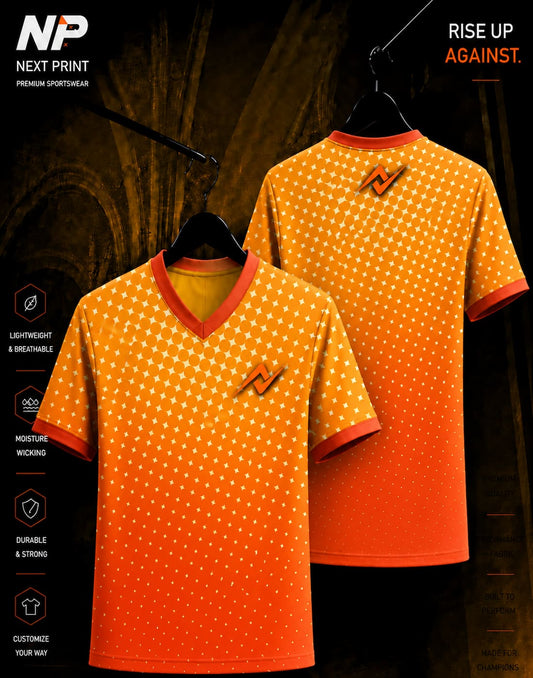 Next Print orange gradient halftone dot V-neck sublimation sports jersey front and back mockup