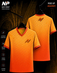 Next Print orange gradient halftone dot V-neck sublimation sports jersey front and back mockup