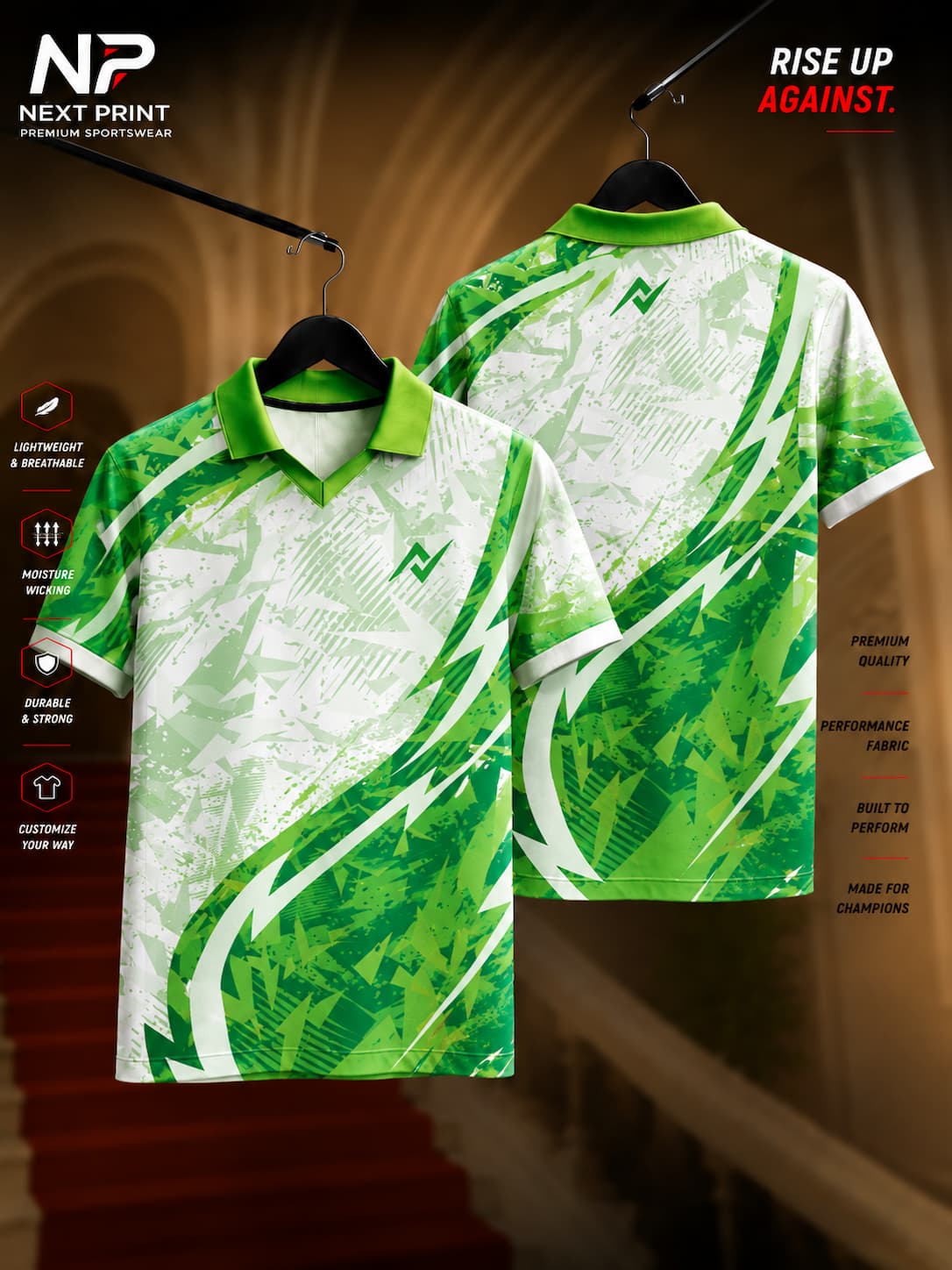 Next Print Green Fusion Strike polo jersey featuring abstract green and white graphics with premium dry-fit performance fabric.