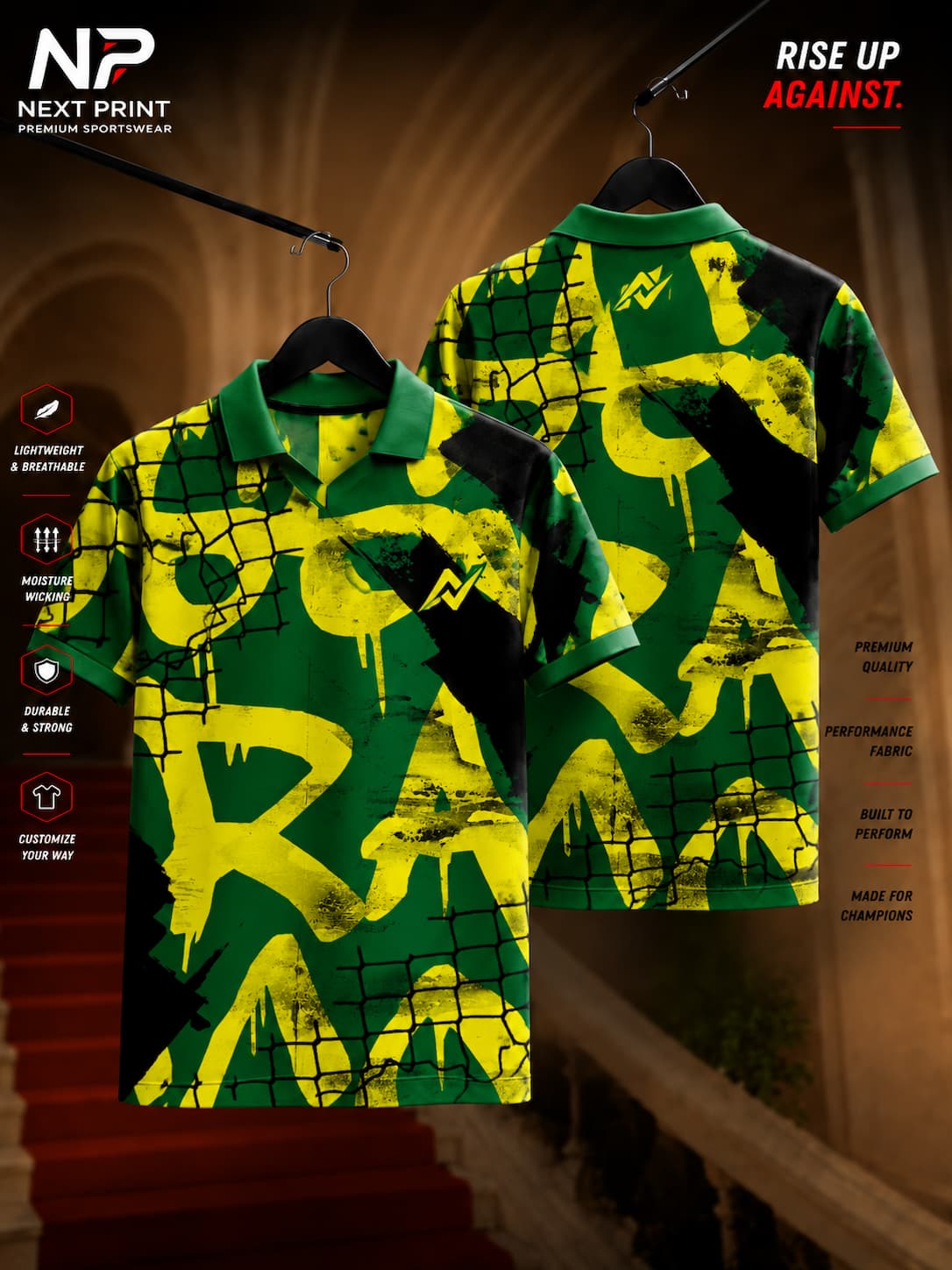 Next Print green graffiti fusion polo collar V-neck sports jersey front and back premium dry-fit customized performance jersey.