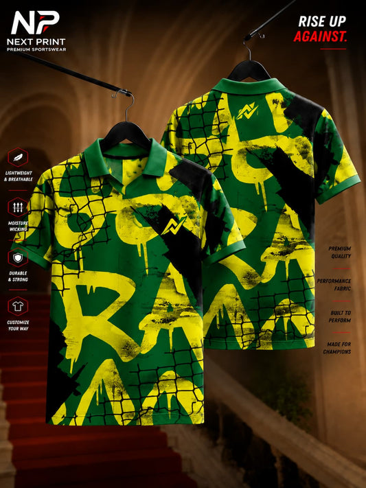 Next Print green graffiti fusion polo collar V-neck sports jersey front and back premium dry-fit customized performance jersey.