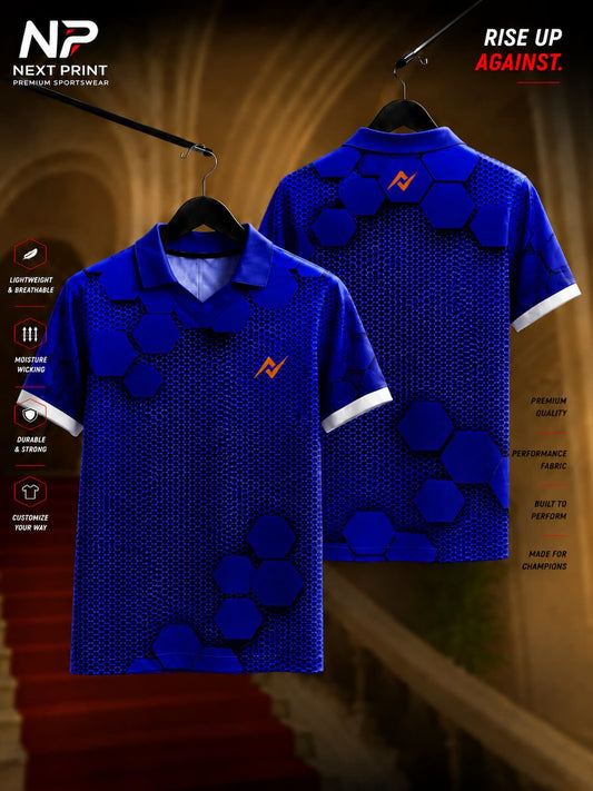Royal blue polo collar cricket jersey with hexagonal honeycomb texture and premium dry-fit fabric, front and back view.