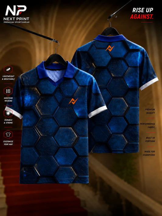 Royal blue polo collar cricket jersey with embossed 3D hexagonal pattern and premium dry-fit fabric, front and back view.