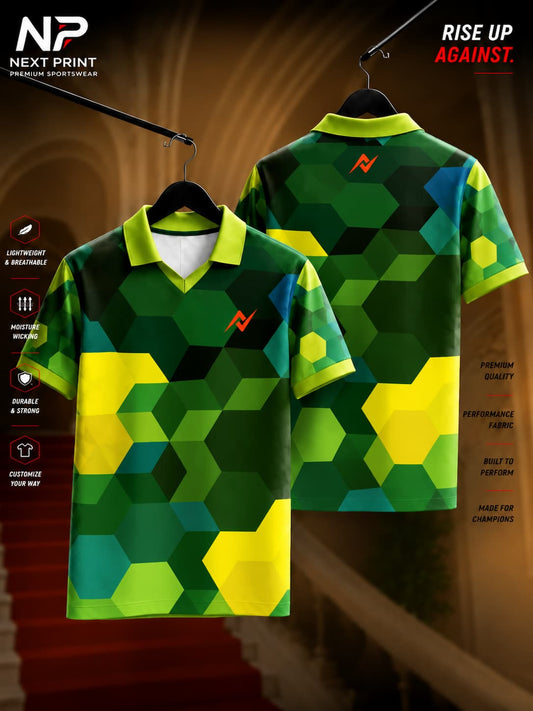Front and back view of Next Print Hexa Matrix polo sports jersey featuring a green hexagonal geometric pattern with premium dry-fit performance fabric.