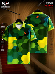 Front and back view of Next Print Hexa Matrix polo sports jersey featuring a green hexagonal geometric pattern with premium dry-fit performance fabric.
