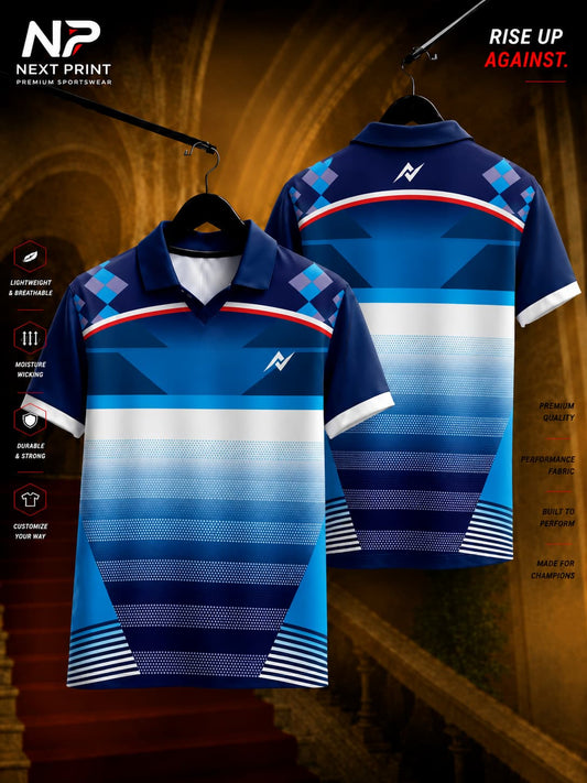 Next Print Horizon Wave Polo Collar Performance Jersey featuring navy, royal blue, sky blue, and white gradient stripe graphics shown in front and back views.