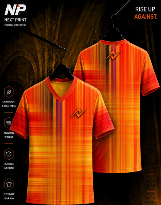 Orange gradient vertical stripe custom esports jersey with V-neck design shown in front and back view by Next Print.