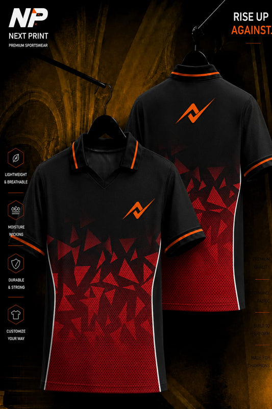 Black and crimson red polo cricket jersey featuring geometric prism graphics with front and back views.