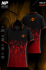 Black and crimson red polo cricket jersey featuring geometric prism graphics with front and back views.
