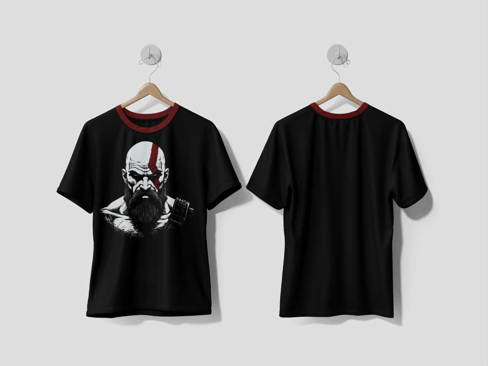 Next Print Kratos The Almighty God of War Unveiled Bold Striking Clip Art Featuring Simple White Design on Black t-shirt - Next Print