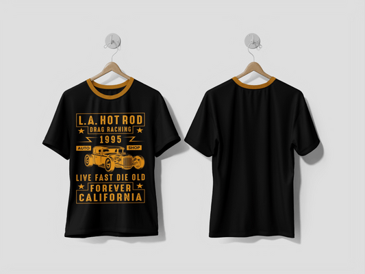 Next Print La hot rod drag racing 1975 auto shop live fast die old forever california hot rod t shirt design - Next Print