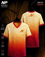 Front and back mockup of the Next Print Leaf Fusion Gradient V-Neck sports jersey featuring a white, orange, and crimson botanical leaf sublimation design with the Next Print logo.
