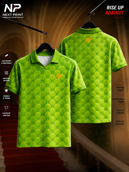 Front and back view of Next Print Lime Quilted polo sports jersey featuring a vibrant green diamond quilted texture with premium dry-fit fabric.