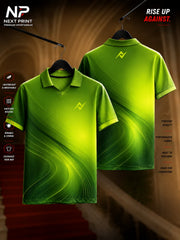 Next Print Lime Wave premium green polo sports jersey featuring flowing gradient wave graphics with breathable dry-fit performance fabric.
